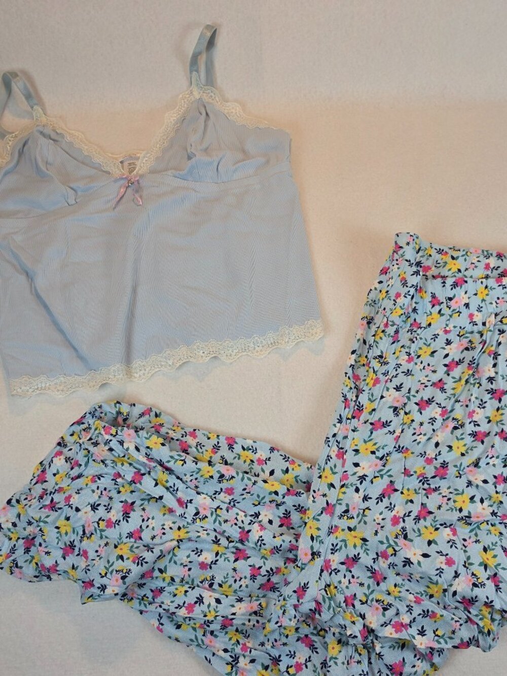 Adore Me Blue Ribbed Lace Cami and Floral Pants Pajama Set